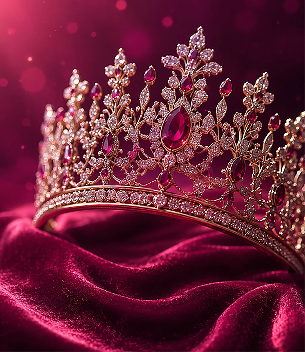A jewelled crown set with rubies and diamonds, resting on magenta velvet.