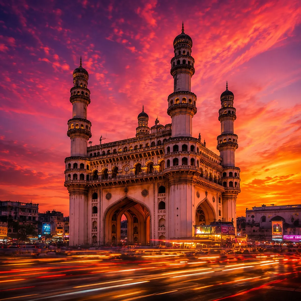 The Charminar in Hyderabad at sunset, with light trails from traffic passing beneath its arches.