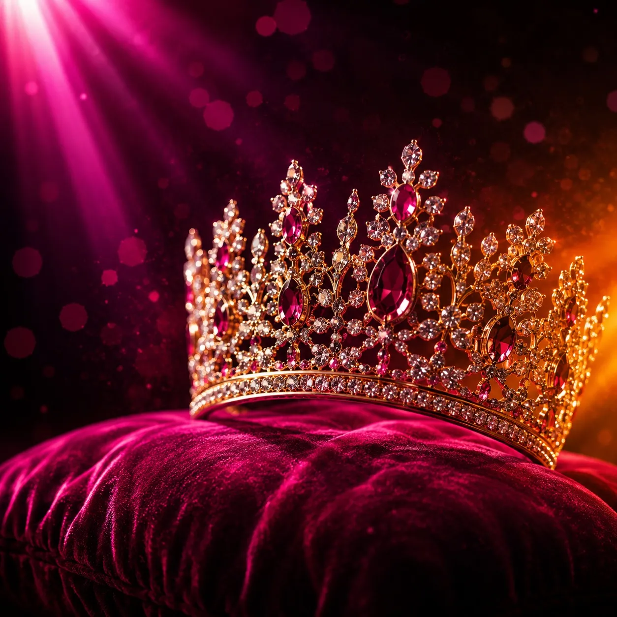 A jewelled crown resting on a velvet cushion under a spotlight.